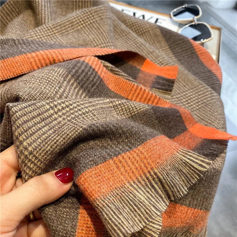 Luxury Brand Winter Plaid Women's Cashmere Scarf Warm Shawls and Wraps Thicked Wool Pashmina Female Blanket Scarves
