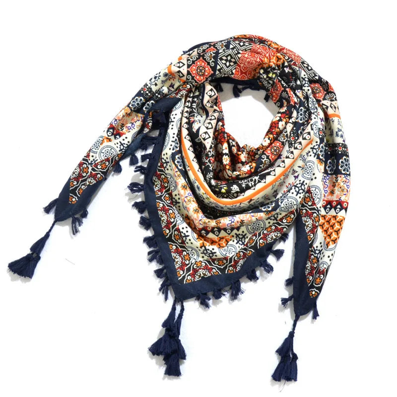 Großes quadratisches Taschentuch Boho Baumwolle Quaste Großer Strand Russischer Damenschal Winter Bohemian Floral Halstuch 115cm Foulard