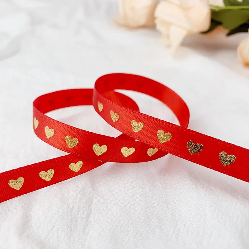 Ruban de satin imprimé cœur, 5 mètres, 10 mm, pour loisirs créatifs, nœuds, emballage cadeau, fête, mariage, décoration de Noël