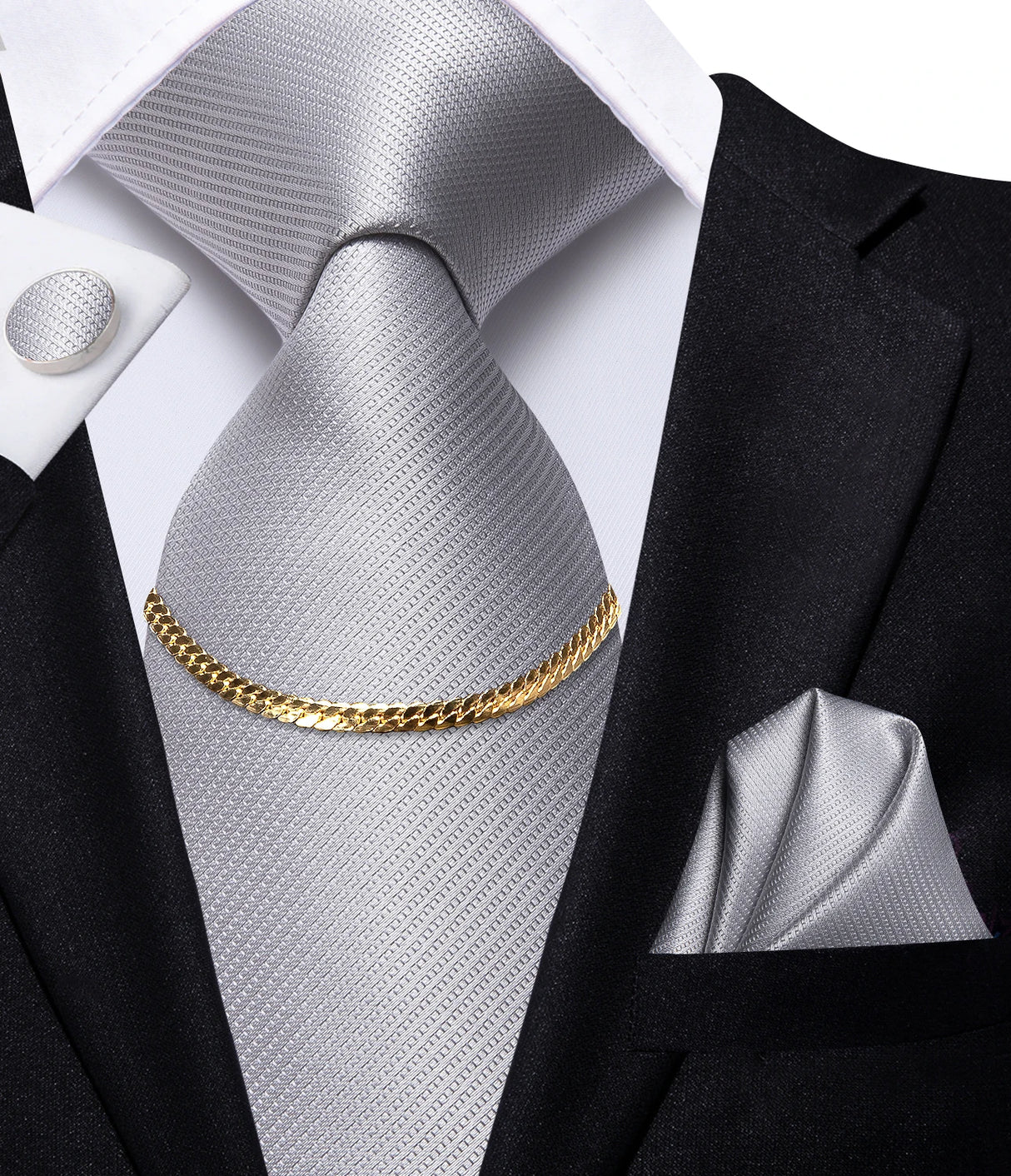 Hi-Tie Business Black Luxury Plaid Mens Tie Silk Neckties Fashion Tie Chain Hanky Cufflinks Set Design Gift For Men Wedding