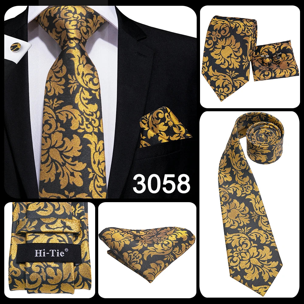Cravate élégante pour homme, motif cachemire, rayures noires et dorées, en soie, pour mariage, mouchoir, boutons de manchette, pour entreprise, fête, livraison directe