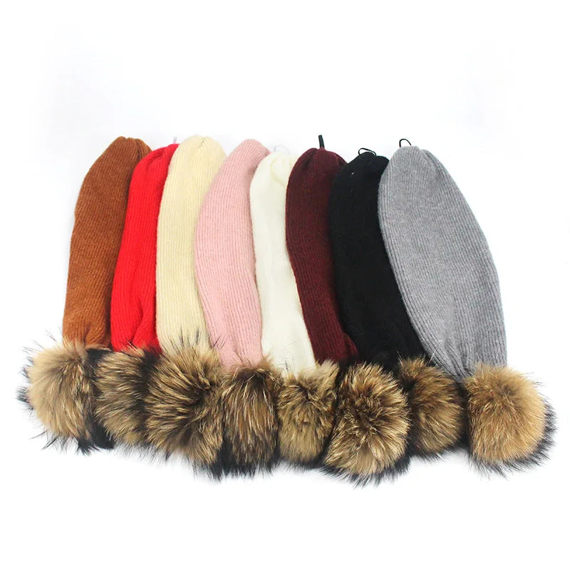 Bonnet écharpe double usage pour femme, bonnet automne-hiver, bonnet à pompon, écharpe couleur pure, fourrure de raton laveur, crâne féminin