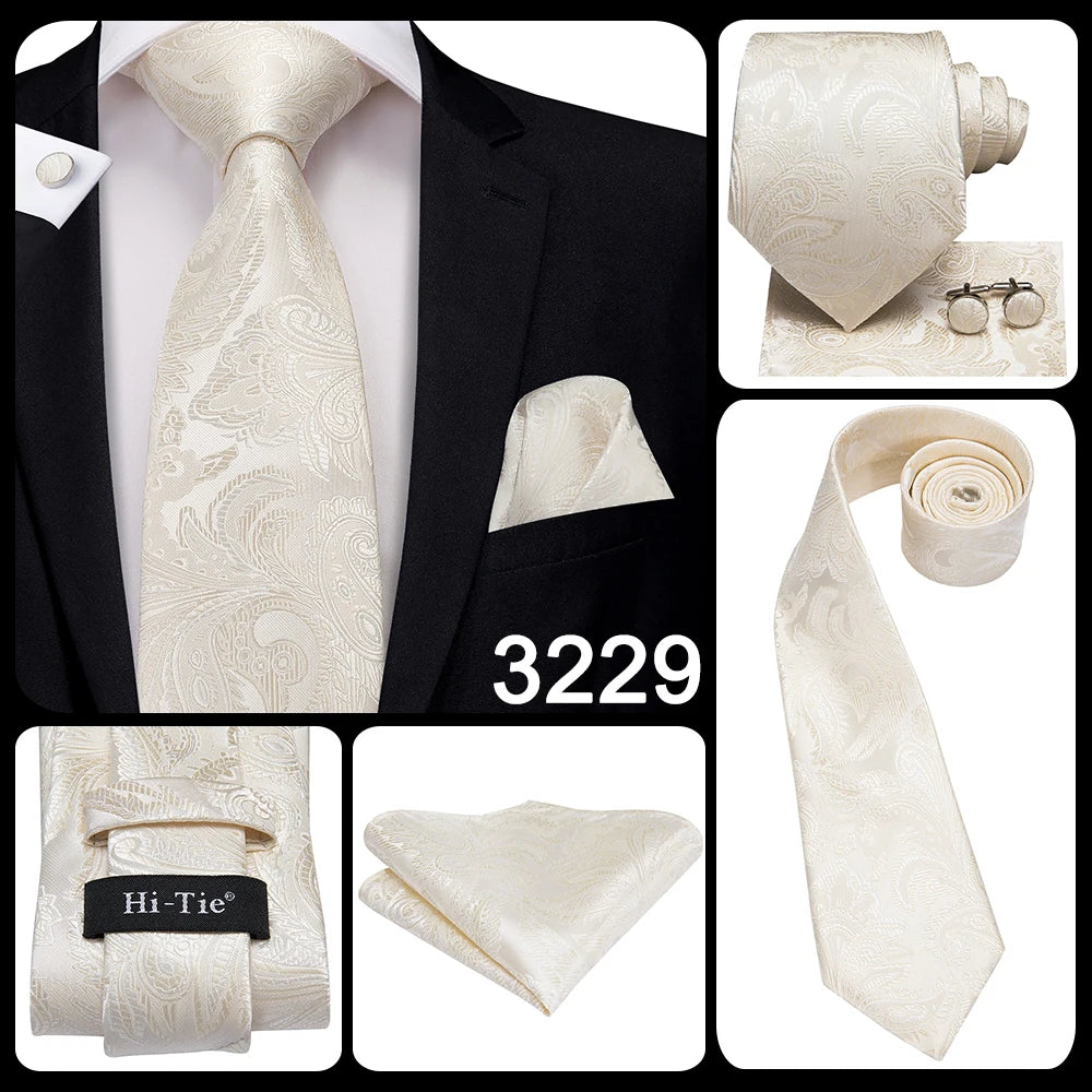 Hi-Tie Cravate de mariage en soie à motif floral, couleur champagne ivoire massif, pour homme, de qualité, avec boutons de manchette, tendance, pour entreprise, livraison directe