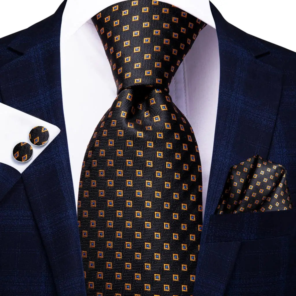 Cravate élégante pour homme, motif cachemire, rayures noires et dorées, en soie, pour mariage, mouchoir, boutons de manchette, pour entreprise, fête, livraison directe