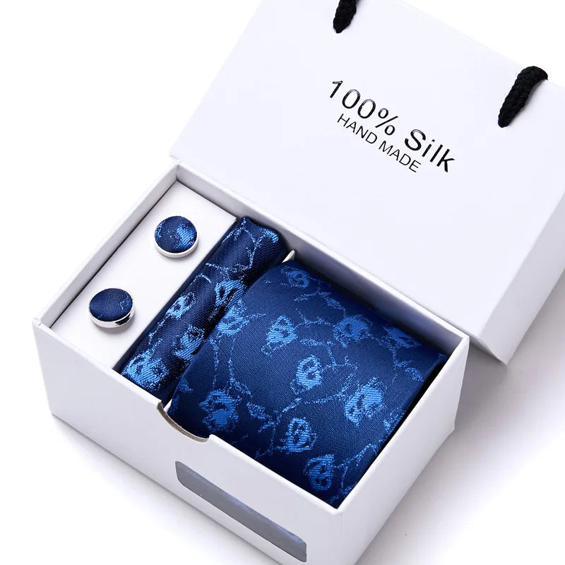 Brand 100% Silk Ties Gift box Office Men Classic Party Wedding striped 7.5cm Silk Wedding Floral Tie Necktie Handkerchief Set
