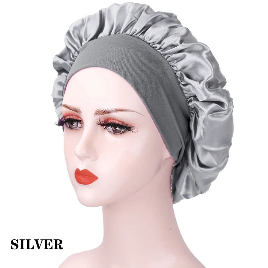 Bonnet de nuit en soie pour femme, noir, rose, violet, avec boucles naturelles bouclées, élastique large et souple, réglable