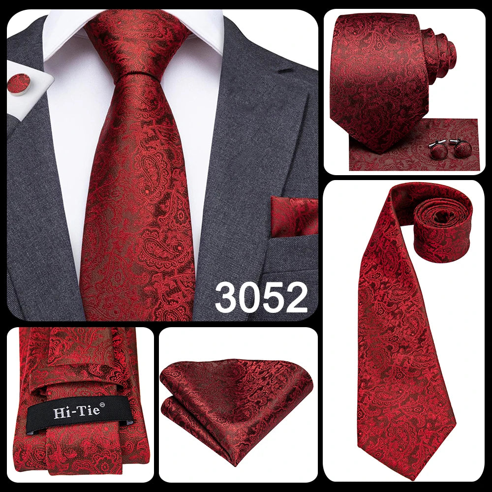 Hi-Tie Coffret cadeau cravate homme vin rouge bordeaux cachemire soie mariage cravate pour homme design tendance qualité mouchoir boutons de manchette livraison directe