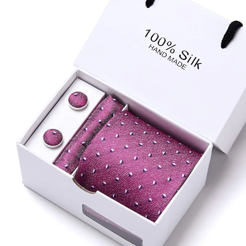 Brand 100% Silk Ties Gift box Office Men Classic Party Wedding striped 7.5cm Silk Wedding Floral Tie Necktie Handkerchief Set