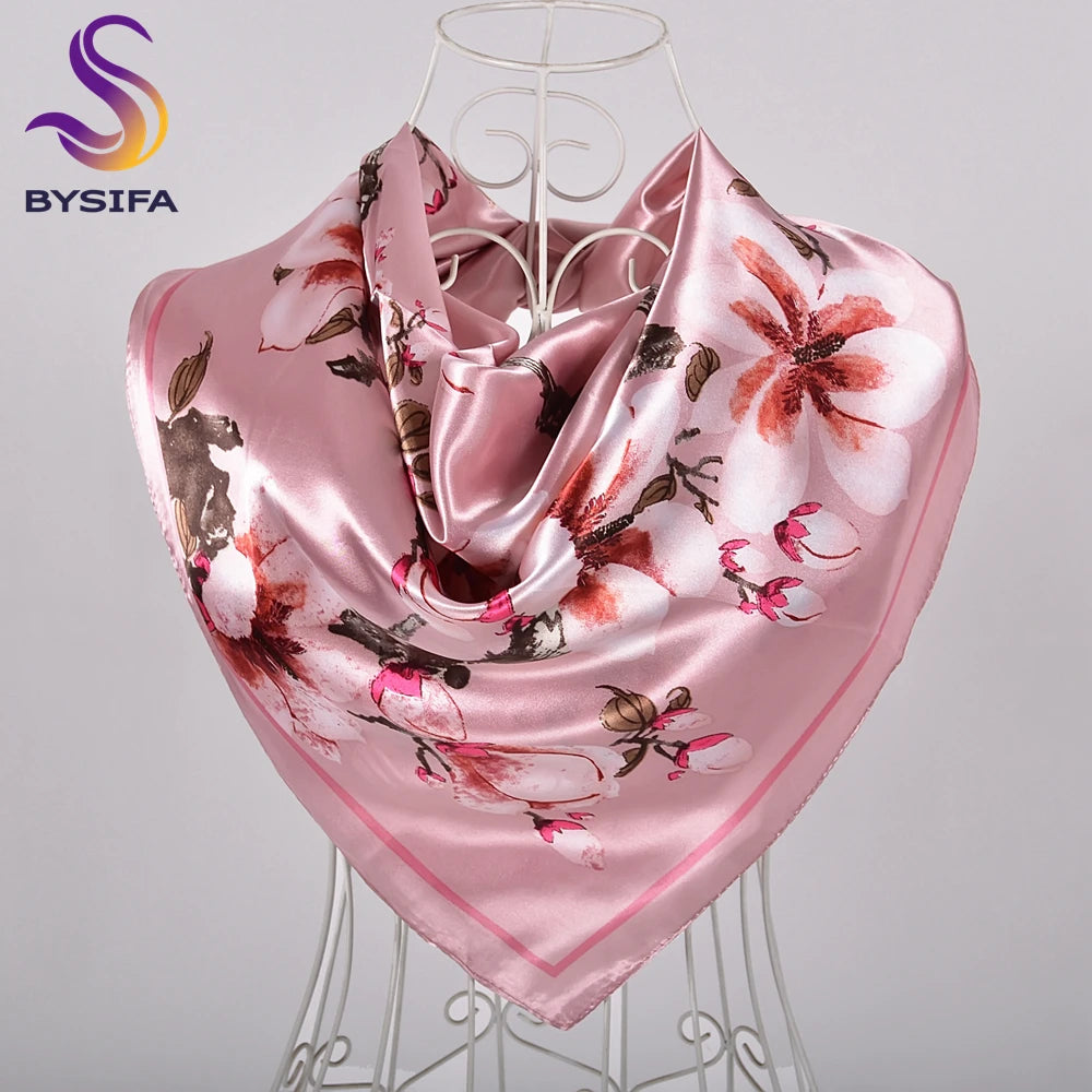 BYSIFA 2020 Rose Dames Foulards Carrés Hijabs Imprimé Mode Élégant Femmes Satin Soie Foulard Foulard De Luxe Doux Cou Foulard