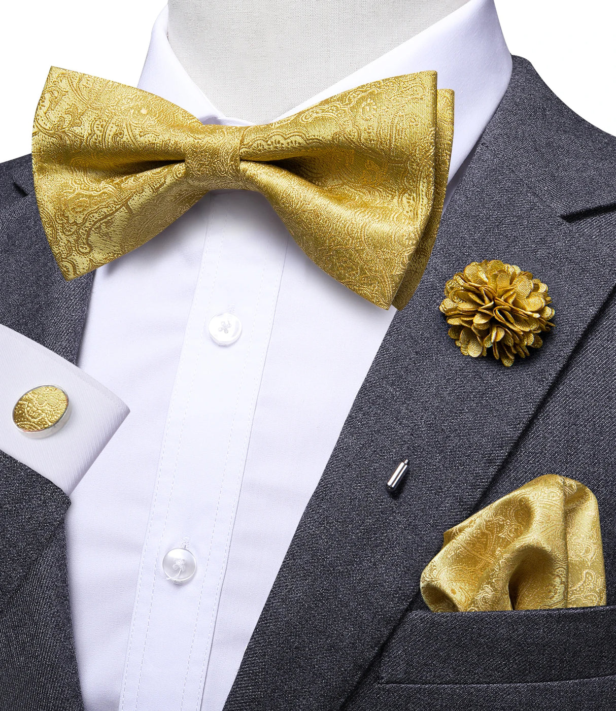 Hi-Tie Luxury Gold Silk Bow Ties for Men Fashion Men's Yellow Bowtie Handkerchief Cufflinks Brooch Set butterfly Wedding Set