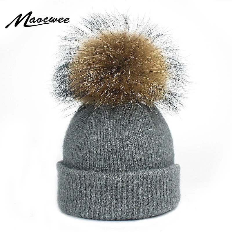 Bonnet écharpe double usage pour femme, bonnet automne-hiver, bonnet à pompon, écharpe couleur pure, fourrure de raton laveur, crâne féminin