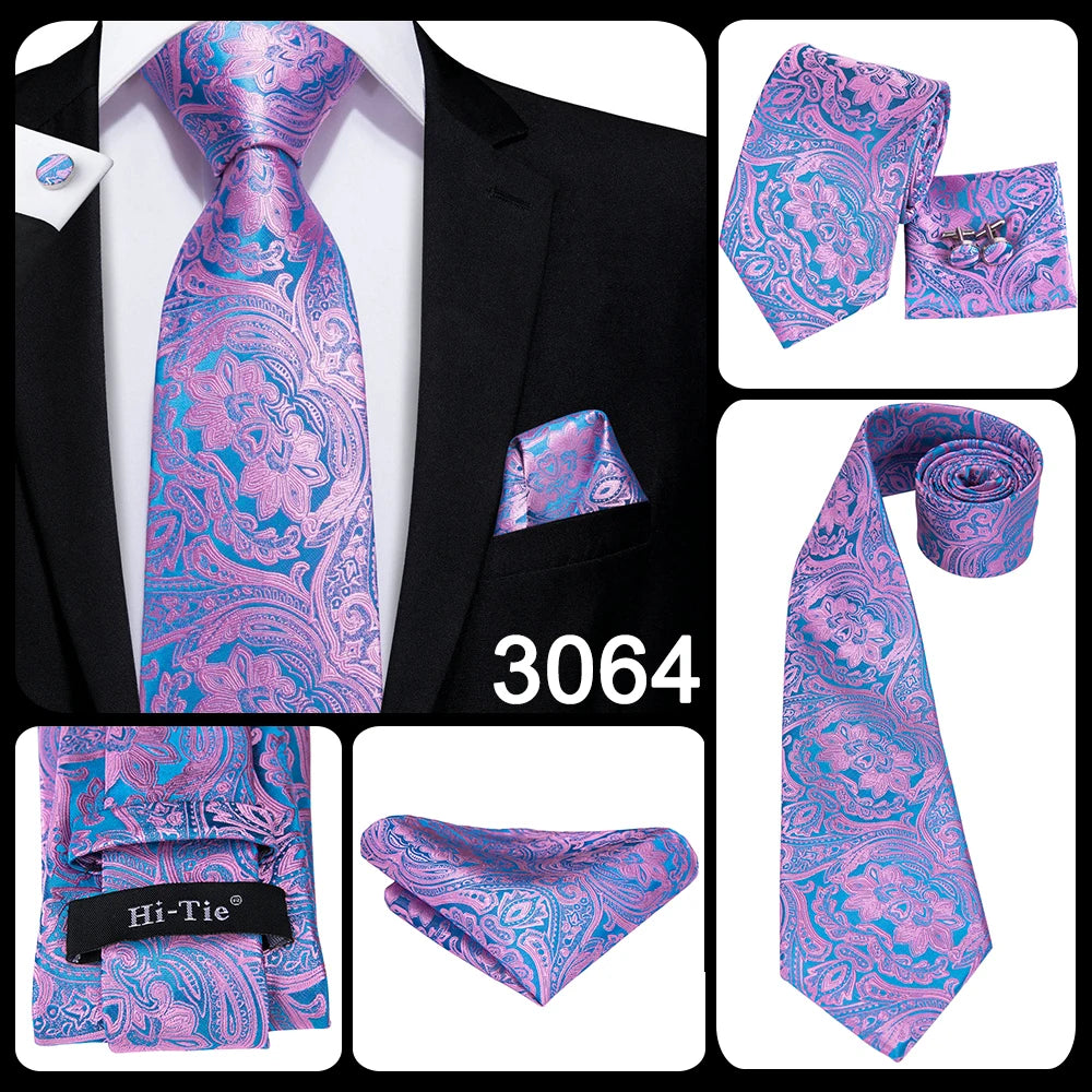 Hi-Tie 100% soie classique pour homme, cravate de mariage corail rose rouge pêche, pochette carrée, boutons de manchette, ensemble de cravates roses pour hommes, cravates cachemire unies