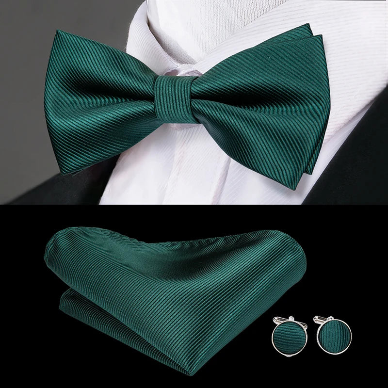 Hi-Tie Nœuds papillon verts de Noël pour hommes Cravate papillon en soie Ensemble de boutons de manchette et mouchoirs pour fête de mariage Nœud papillon uni à carreaux cachemire