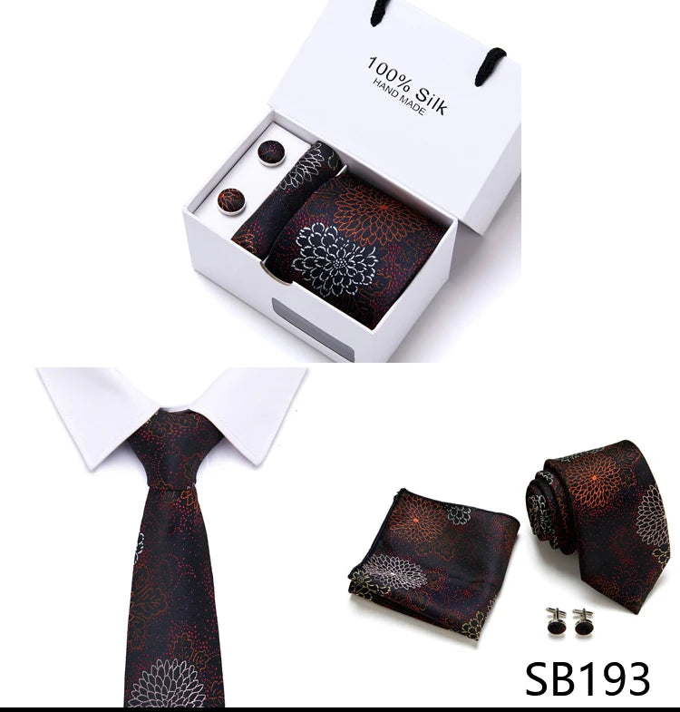 Brand 100% Silk Ties Gift box Office Men Classic Party Wedding striped 7.5cm Silk Wedding Floral Tie Necktie Handkerchief Set