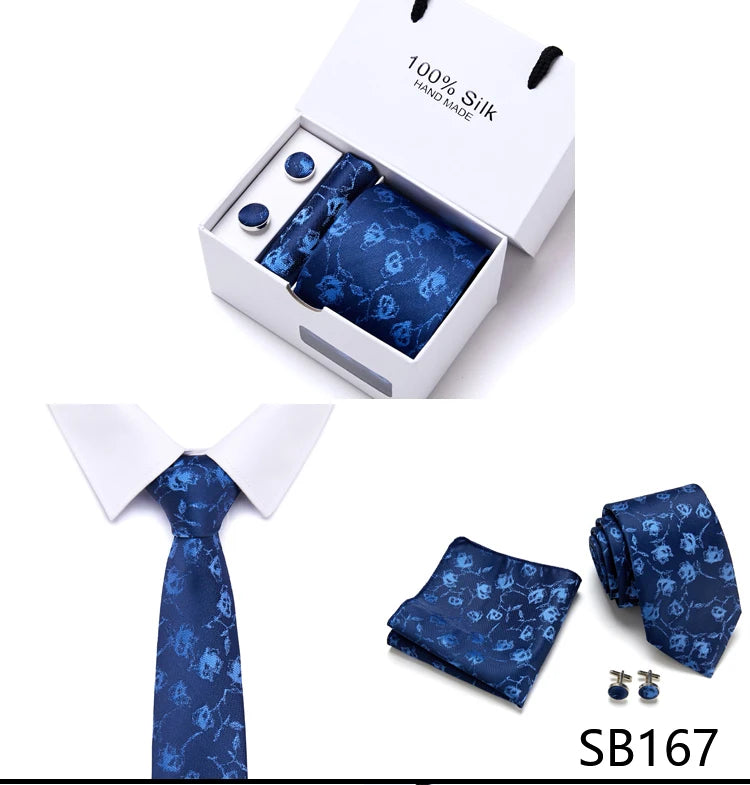 Brand 100% Silk Ties Gift box Office Men Classic Party Wedding striped 7.5cm Silk Wedding Floral Tie Necktie Handkerchief Set