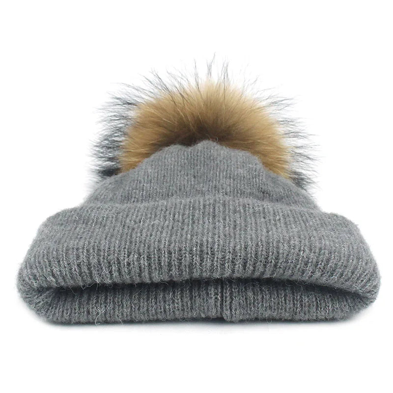 Bonnet écharpe double usage pour femme, bonnet automne-hiver, bonnet à pompon, écharpe couleur pure, fourrure de raton laveur, crâne féminin