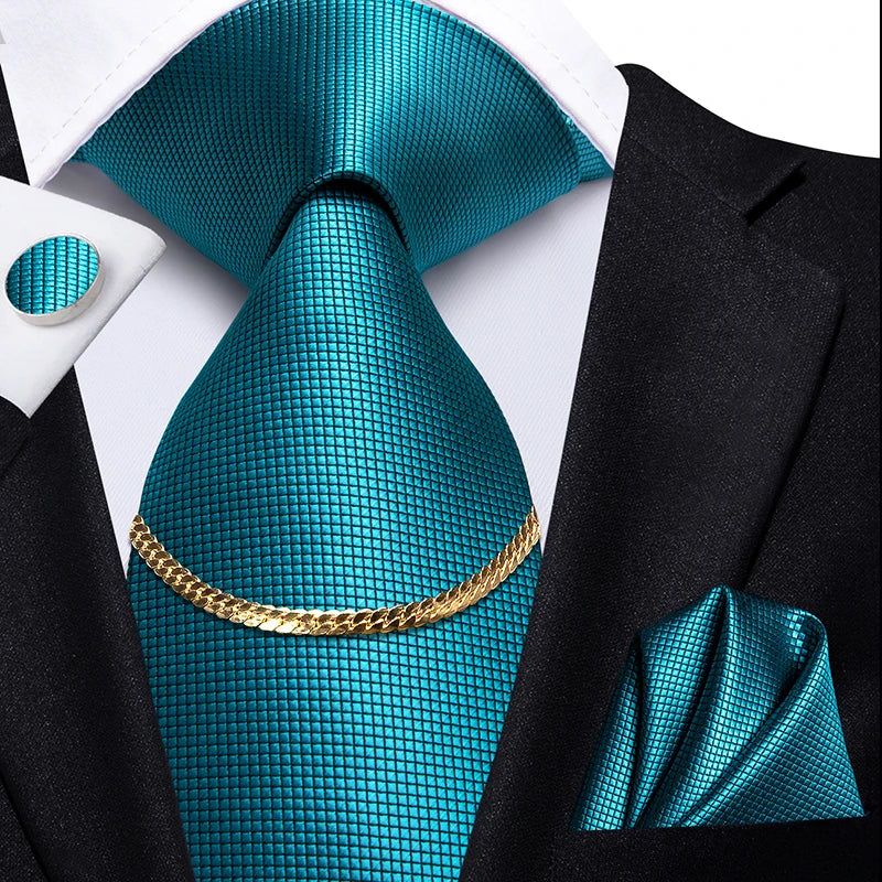 Hi-Tie Business Black Luxury Plaid Mens Tie Silk Neckties Fashion Tie Chain Hanky Cufflinks Set Design Gift For Men Wedding