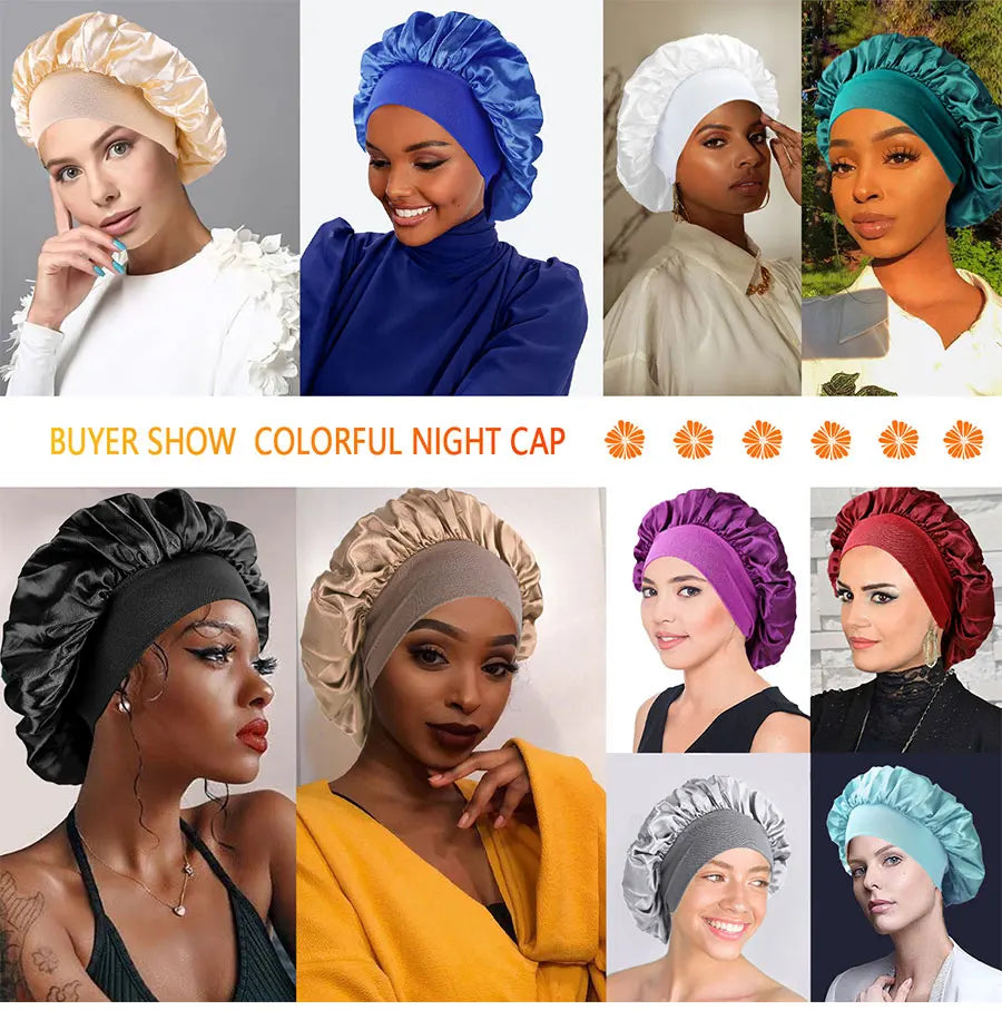 Bonnet de nuit en soie pour femme, noir, rose, violet, avec boucles naturelles bouclées, élastique large et souple, réglable