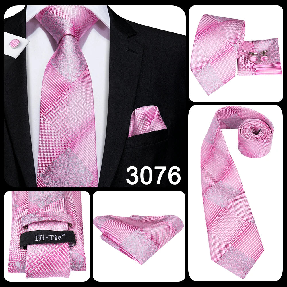 Hi-Tie 100% soie classique pour homme, cravate de mariage corail rose rouge pêche, pochette carrée, boutons de manchette, ensemble de cravates roses pour hommes, cravates cachemire unies