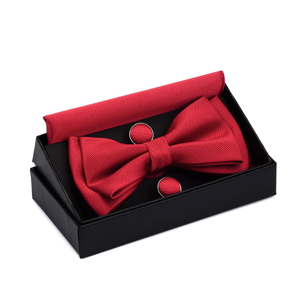 Ensemble de nœuds papillon solides de différentes tailles, haut et bas, nœud papillon uni pour homme, mouchoir, boutons de manchette, coffret cadeau pour hommes, cravates de mode de mariage