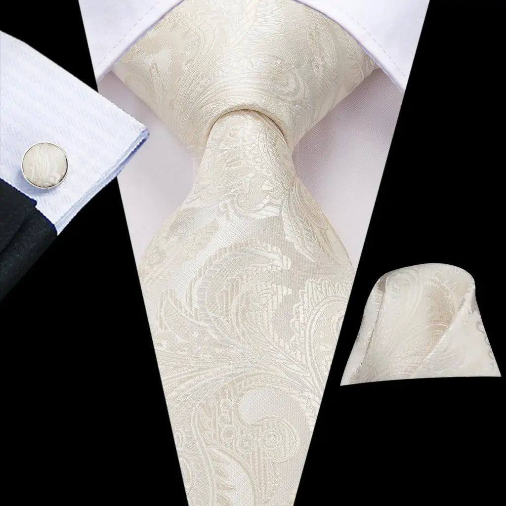 Hi-Tie Cravate de mariage en soie à motif floral, couleur champagne ivoire massif, pour homme, de qualité, avec boutons de manchette, tendance, pour entreprise, livraison directe