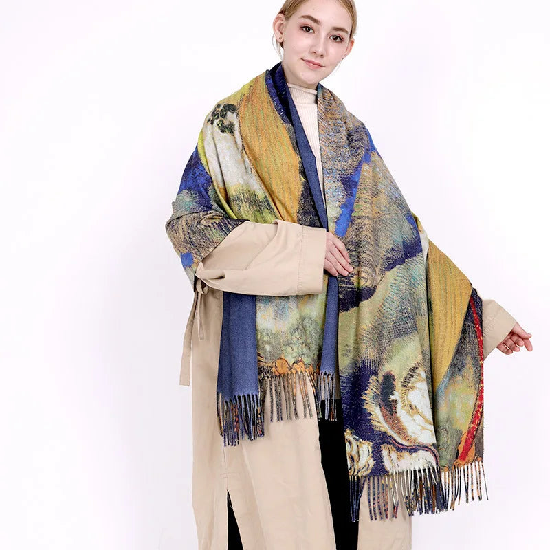 Fashion Oil Painting Scarf Women Winter Warm Van Gogh Painting Tassel Scarves Unique Luxury Long Print Wraps Shawl