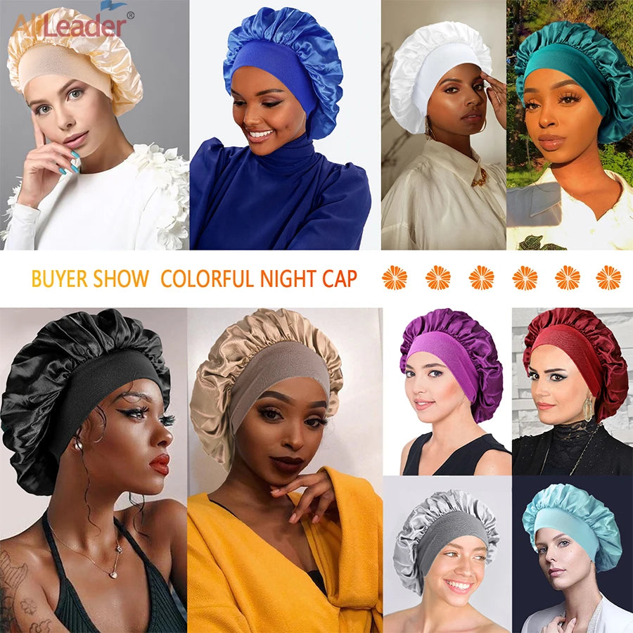 Bonnet de nuit en soie pour femme, noir, rose, violet, avec boucles naturelles bouclées, élastique large et souple, réglable