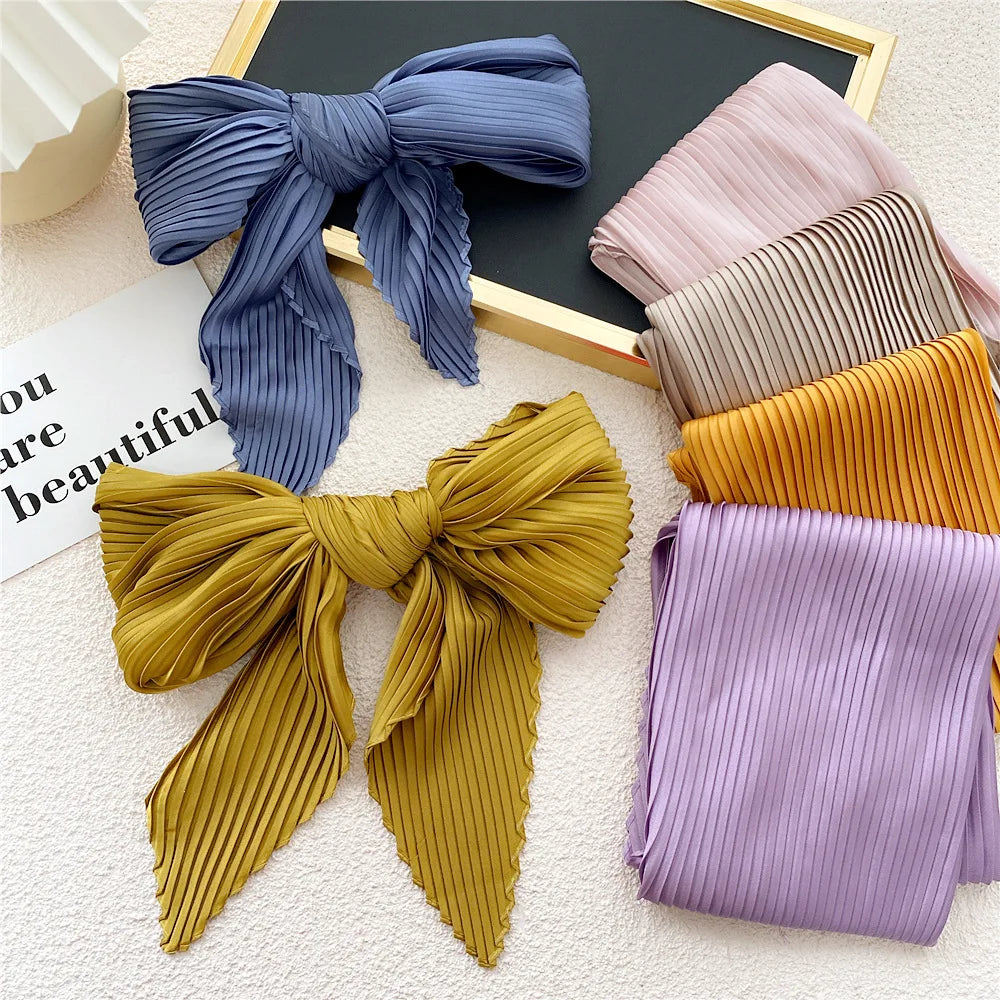 Women'S Pleated Print Silk Scarf Satin Spring Summer Scarves 70*70cm Square Neckerchief Solid Color Headscarf Decorative