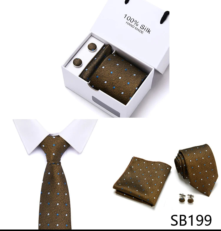 Brand 100% Silk Ties Gift box Office Men Classic Party Wedding striped 7.5cm Silk Wedding Floral Tie Necktie Handkerchief Set