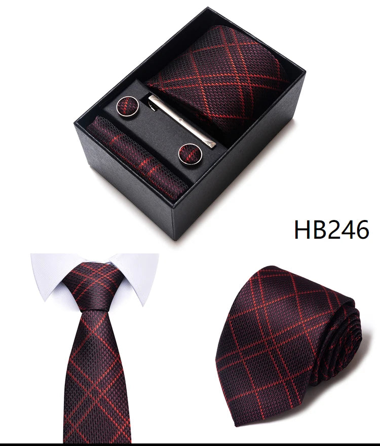 65 Colors Fashion Tie Handkerchief Set Tie Clip Necktie Box Man's Shirt Dark Red Accessories Men Wedding Holiday Gift