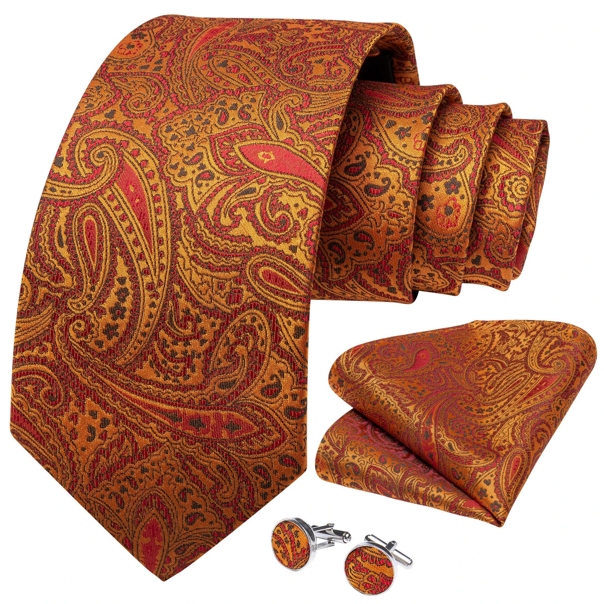 Cravate homme orange cachemire luxe soie polyester mariage bal 8 cm ensemble cravate pochette mouchoir boutons de manchette cadeau pour mari homme accessoire