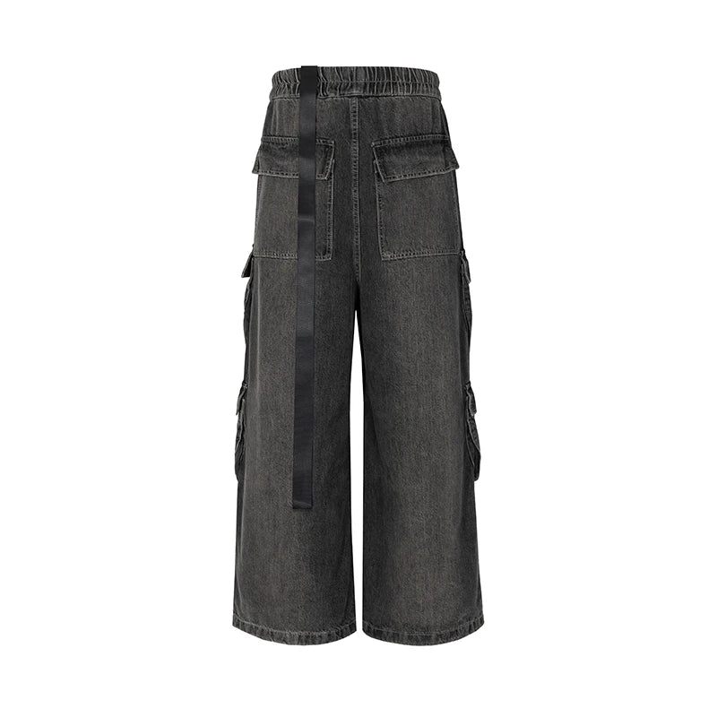 RO Style Ribbons Weites Bein Mehrere Taschen Rauchgraue Baggy-Jeans für Herren Gerade Pantalones Hombre Denim-Hose mit Kordelzug