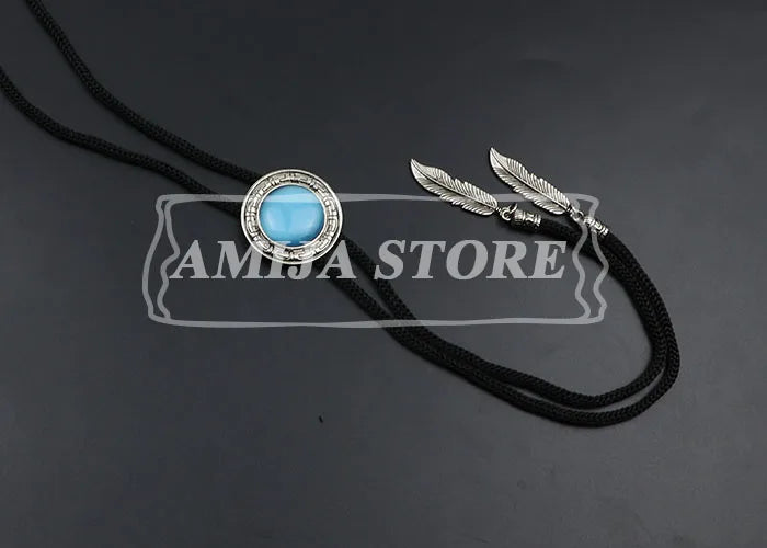 Vintage Bolo Tie Shirt Chain Cowboy Jazz Alloy Men Women Leather Rope Long Necklace Imitation Obsidian Sweater Chain Men Accesso