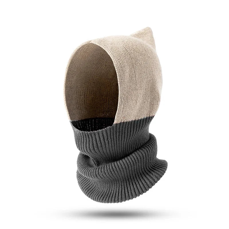Bonnet d'hiver en laine pour femme, couleurs contrastées, protection des oreilles, tricoté, chaud, pull, écharpe, cagoule, tout-en-un, livraison gratuite