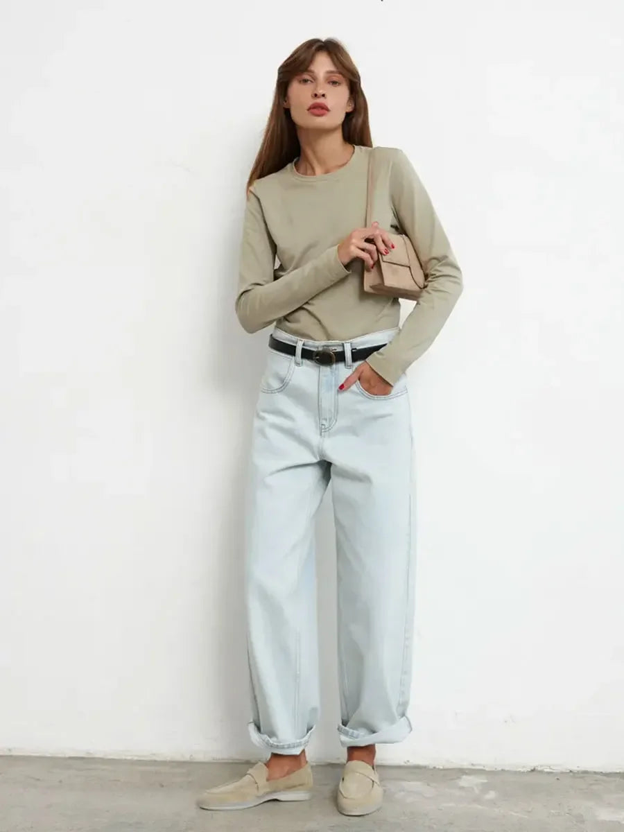 Camiseta Bornladies para mujer, 100 % algodón, básica, lisa, de manga larga, holgada, de gran tamaño, para primavera y otoño