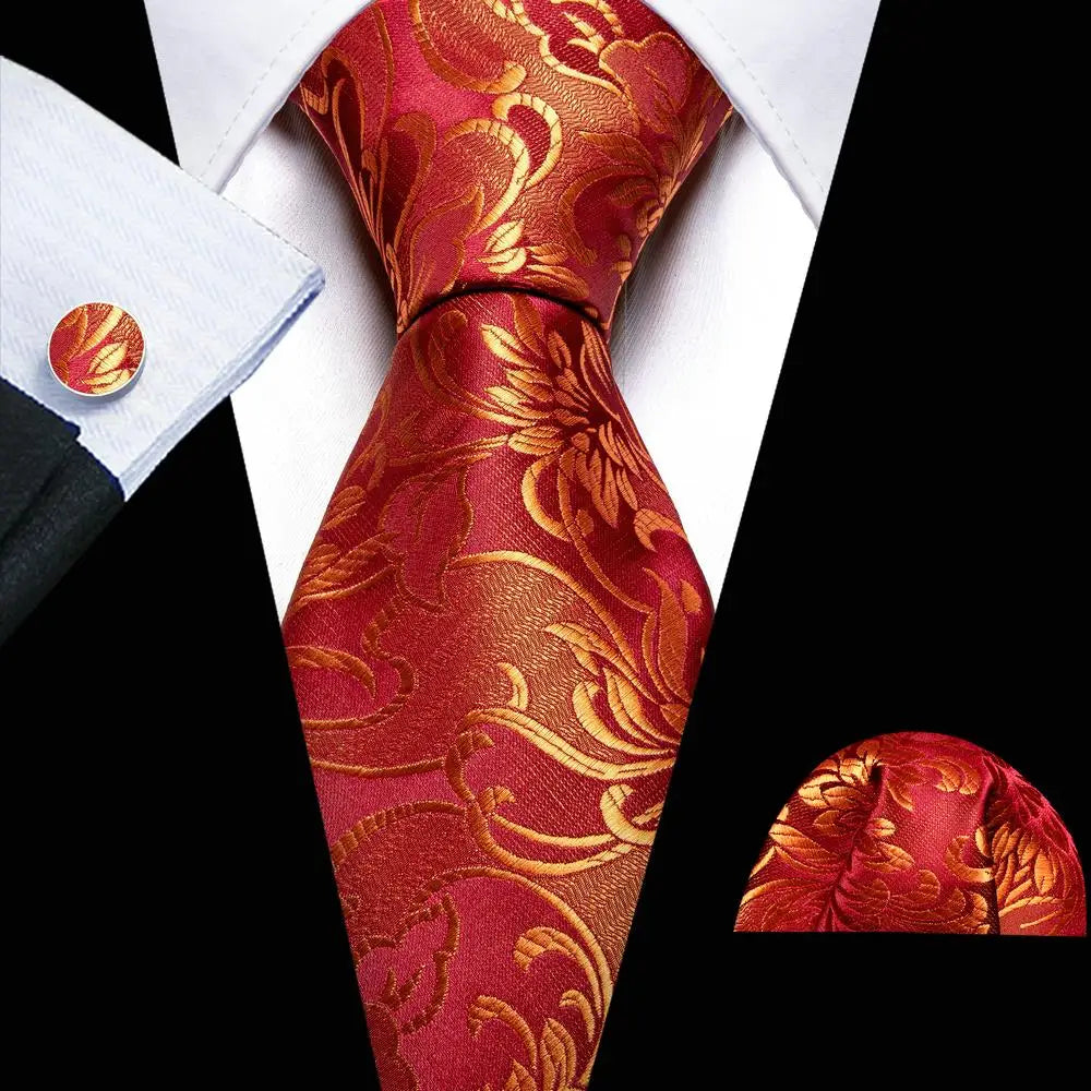 Barry.Wang Ensemble cravate et boutons de manchette en soie pour homme, motif jacquard, rouge, bordeaux, rose, pour mariage, affaires, fête