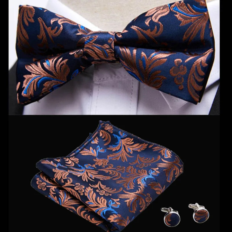 HUISHI Classic Blue Bowties For Men Paisley Floral Bow Tie Pocket Square Cufflinks Suit Set Wedding Party Plaid Solid Butterfly