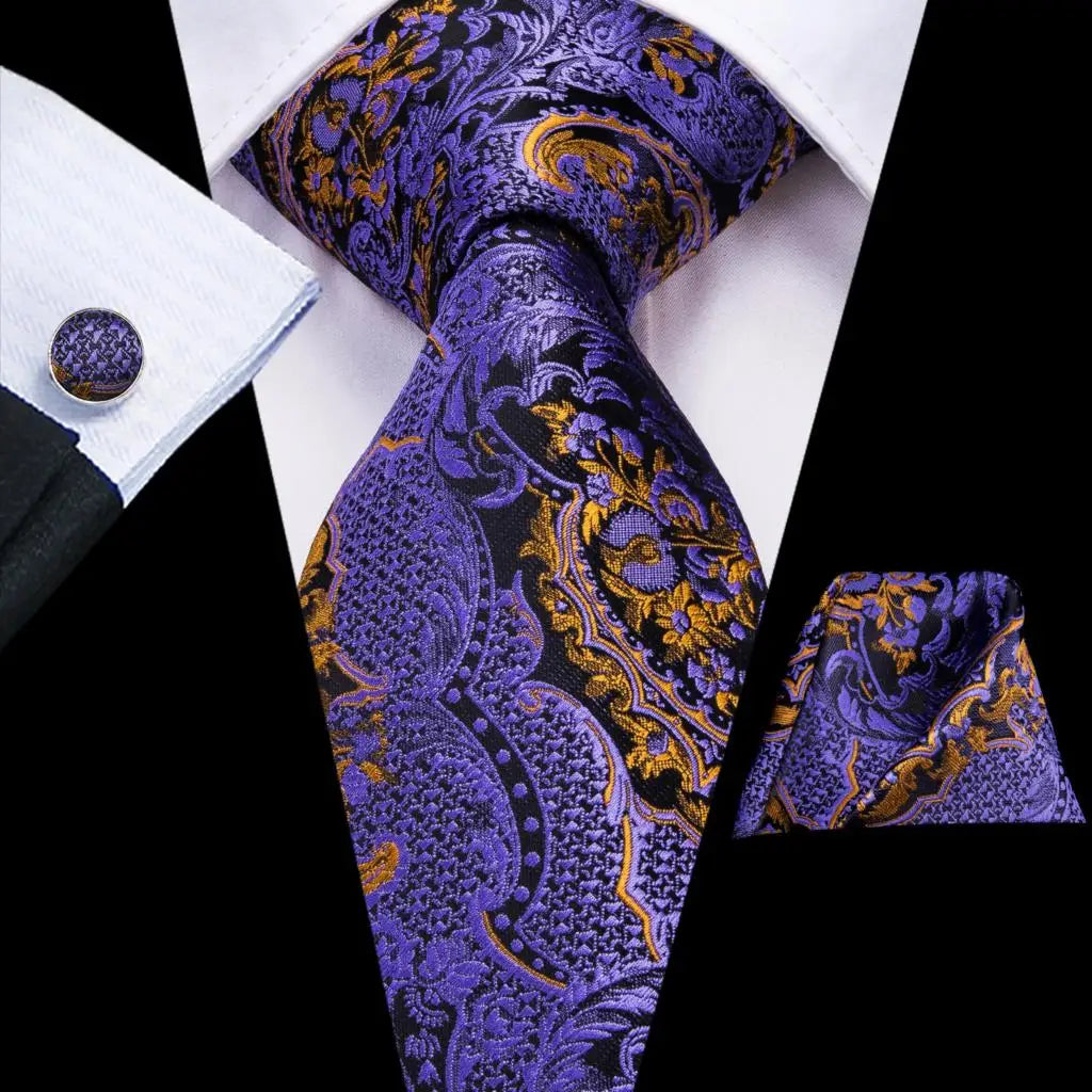 Hi-Tie – Cravate de mariage en soie violette unie à motif cachemire pour homme, ensemble de qualité avec boutons de manchette et mouchoir, cadeau tendance, livraison directe