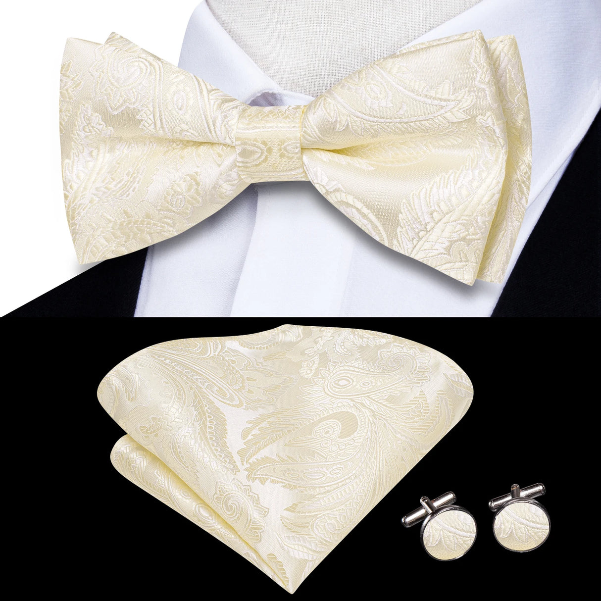 Hi-Tie Jacquard Silk Nœud papillon pour homme, ensemble de boutons de manchette et mouchoir, nœud papillon pré-noué, noir, blanc, gris, bleu, rouge, vert, rose, violet