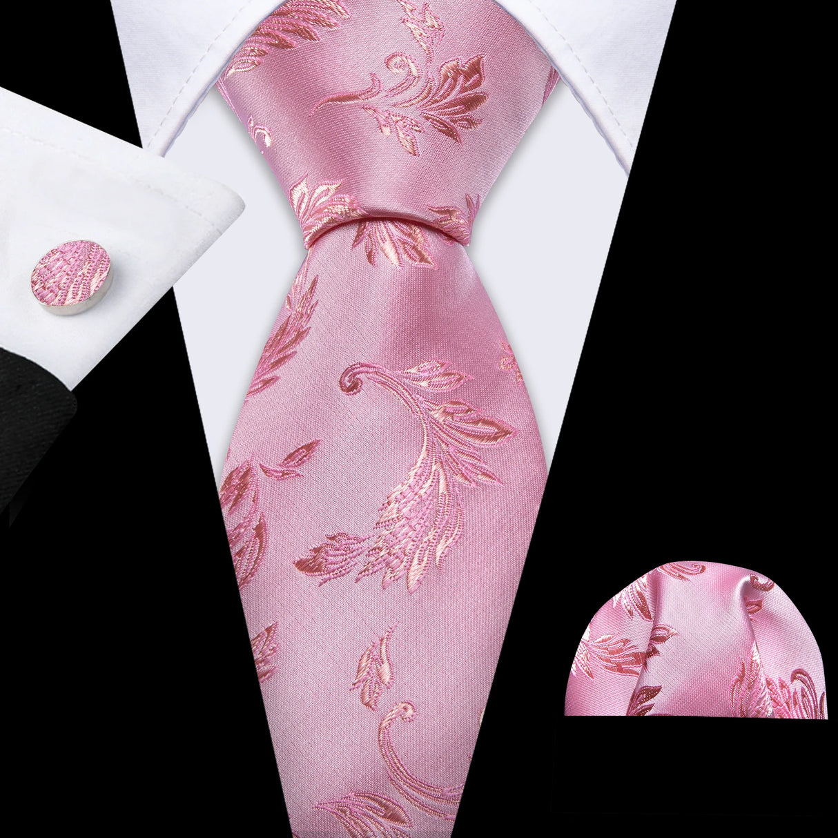 Cravate de mariage noire, dorée et rose pour homme, en soie florale, motif jacquard, pochette, boutons de manchette, pour soirée d'affaires, Barry.Wang