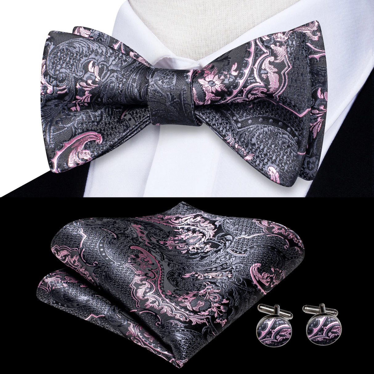 Hi-Tie Ensemble nœud papillon en soie pour homme, mouchoir et boutons de manchette, bleu, rouge, or, noir, blanc, jacquard, nœud papillon, mariage, affaires