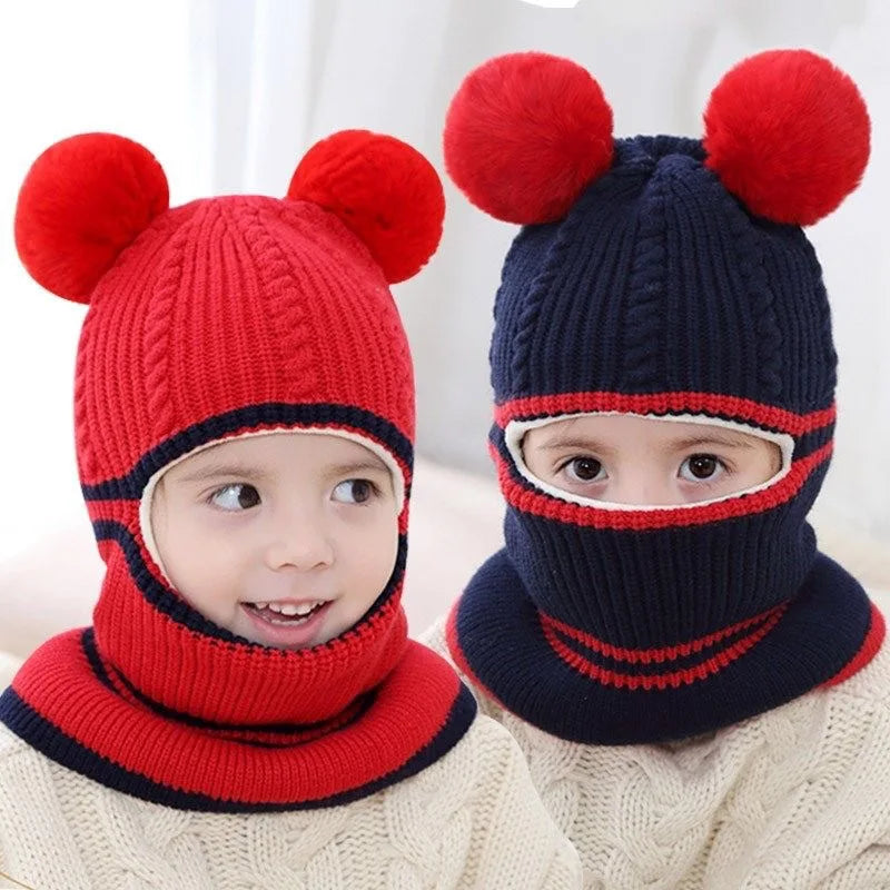 2-4year kid's knitted hat winter warm woolen hat mask scarf one-piece