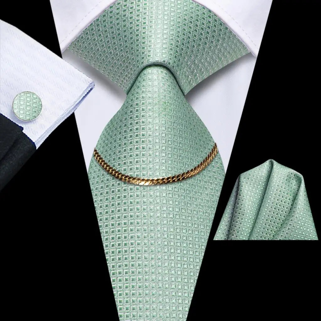Hi-Tie Business Black Luxury Plaid Mens Tie Silk Neckties Fashion Tie Chain Hanky Cufflinks Set Design Gift For Men Wedding