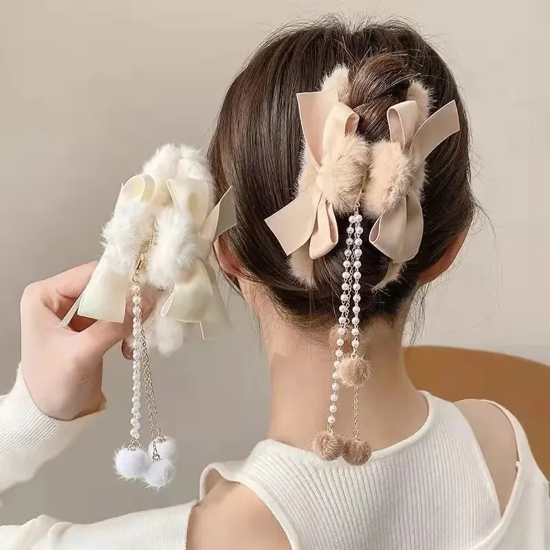 Pinces à cheveux tendance avec nœud et pompon, style coréen, queue de cheval, en peluche, griffe de requin, pour filles, cadeau d'automne et d'hiver