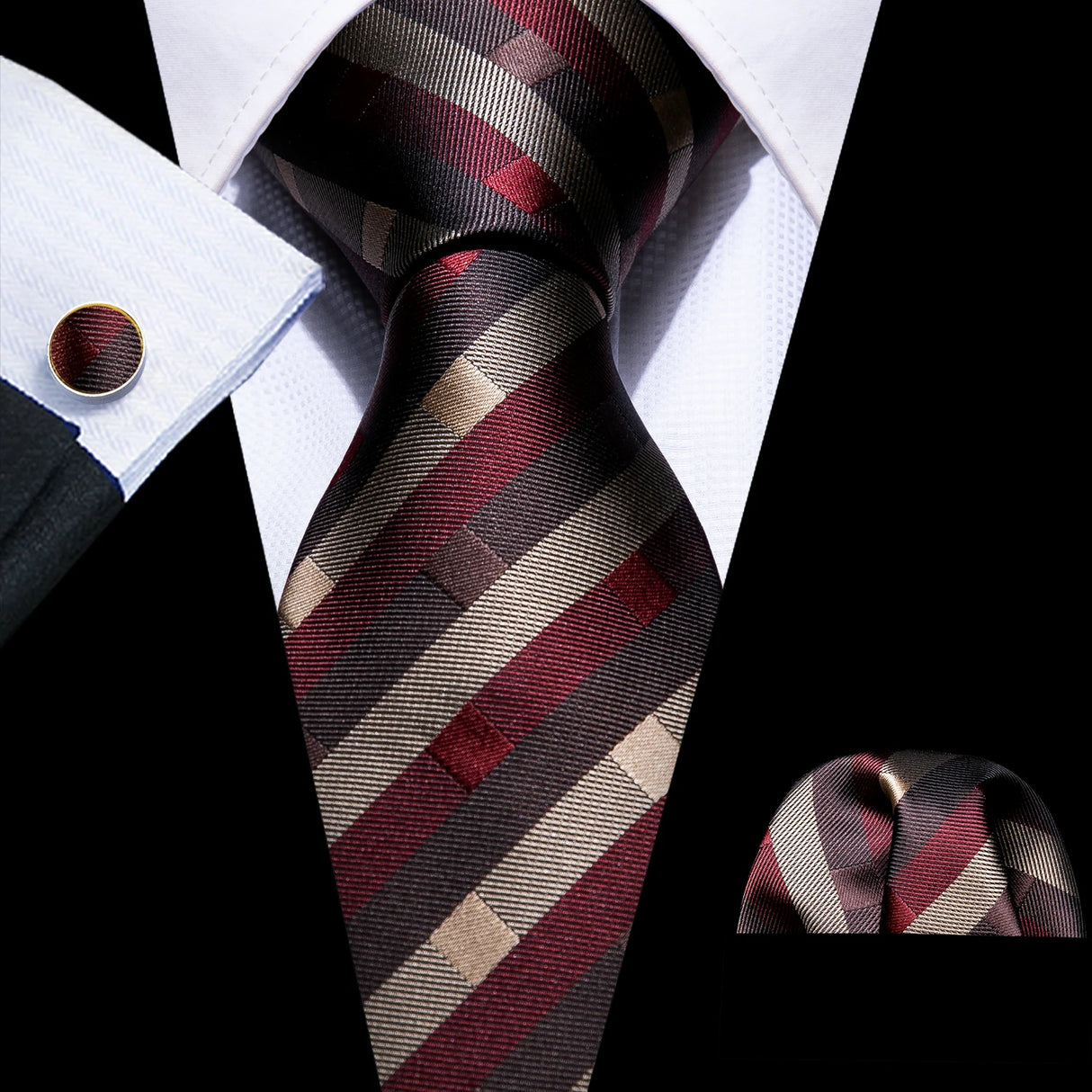 Cravate de luxe pour homme, ensemble de boutons de manchette et mouchoir en soie à rayures rouges, style business, Barry.Wang, accessoire tendance pour mariage, fête, décontracté