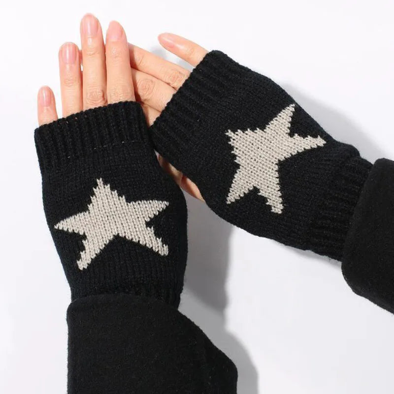 Gants d'hiver tricotés tendance Y2K pour femmes coréennes, mitaines chaudes en laine à demi-doigts, motif étoile pentagramme, mitaines chauffantes sans doigts