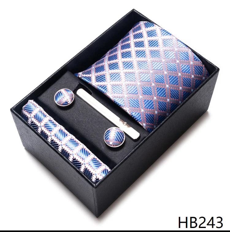 65 Colors Fashion Tie Handkerchief Set Tie Clip Necktie Box Man's Shirt Dark Red Accessories Men Wedding Holiday Gift