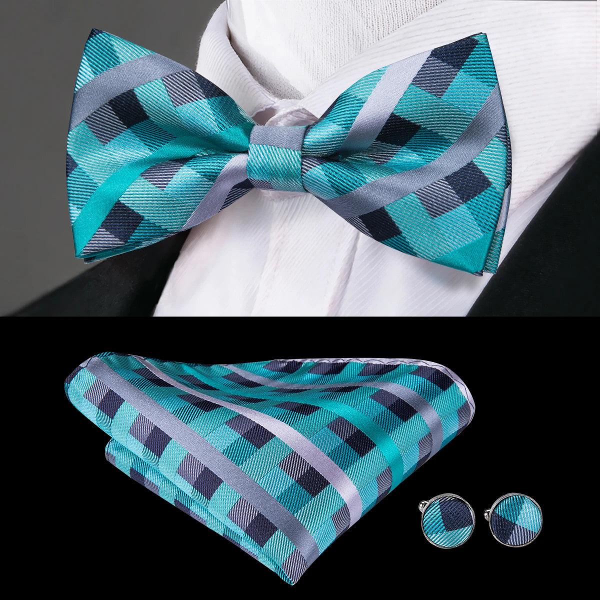 Hi-Tie Nœuds papillon verts de Noël pour hommes Cravate papillon en soie Ensemble de boutons de manchette et mouchoirs pour fête de mariage Nœud papillon uni à carreaux cachemire