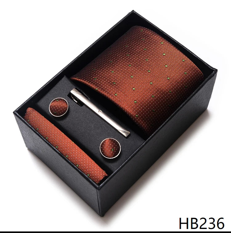 65 Colors Fashion Tie Handkerchief Set Tie Clip Necktie Box Man's Shirt Dark Red Accessories Men Wedding Holiday Gift