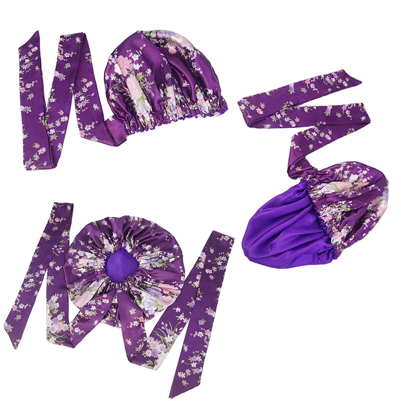 Soft Silky Print Satin Bonnet for Women Large Nightcap with Long Satin Ribbon Tie Band Bonnet Adjustable Wide Band Head Wrap Hat